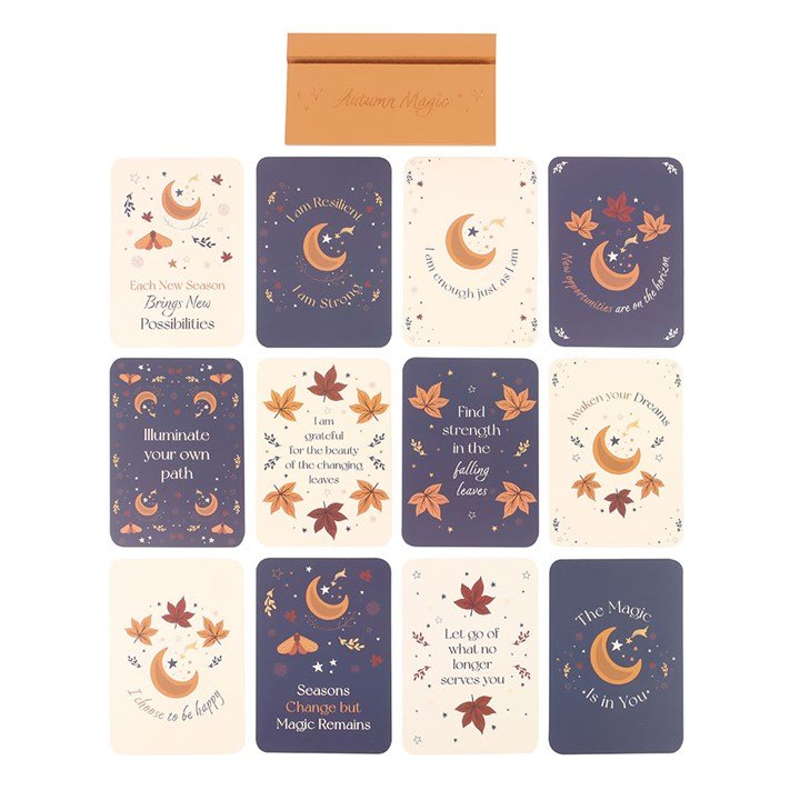 Polished Autumn Magic Affirmation Cards With Wooden Stand featuring natural patterning and unique variations - Positive Faith Hope Love