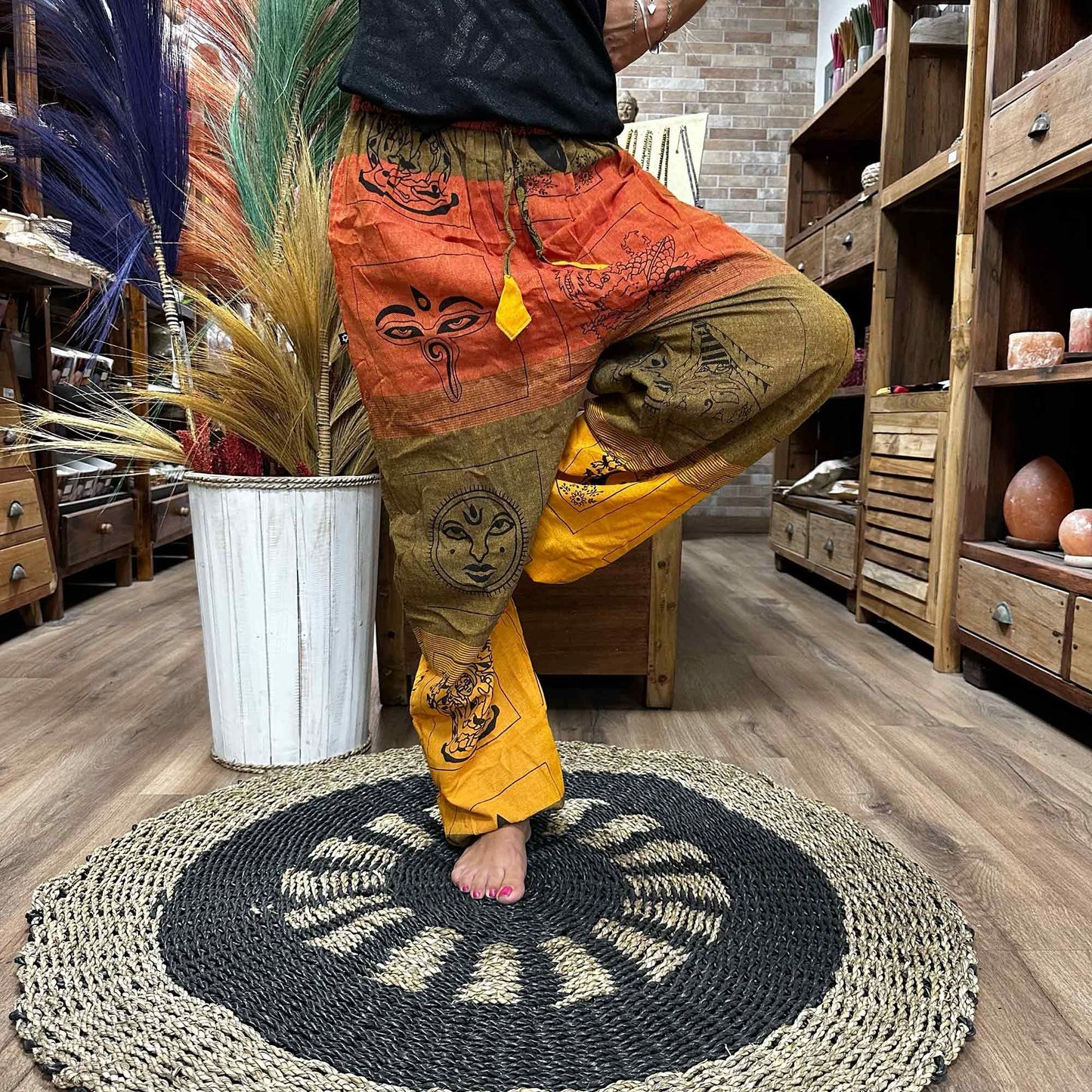 Polished Yoga And Festival Pants High Cross Himalayan Print On Orange 1 featuring natural patterning and unique variations - Positive Faith Hope Love