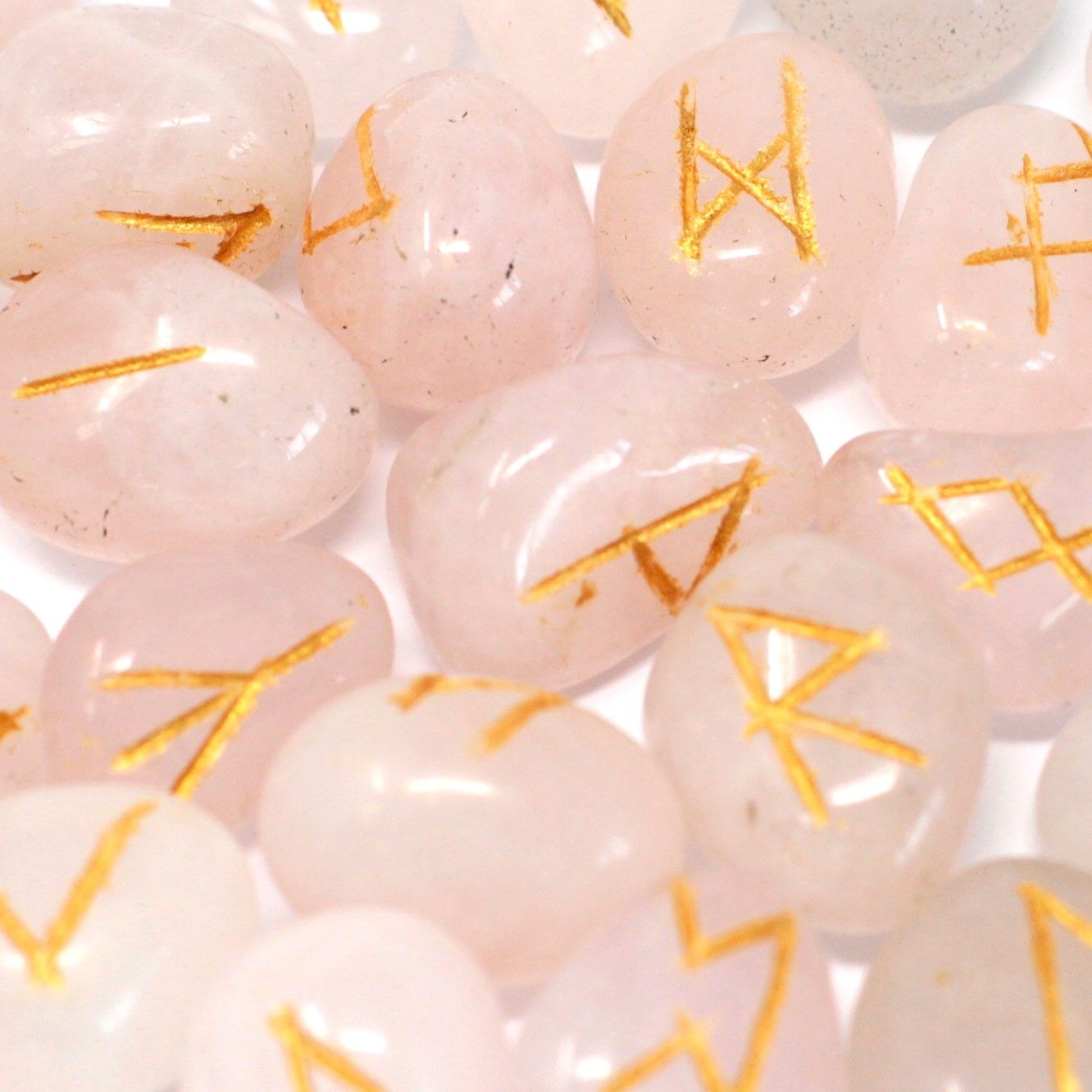 Polished Runes Stone Set in Pouch - Rose Quartz featuring soft pink tone and gentle translucence - Positive Faith Hope Love