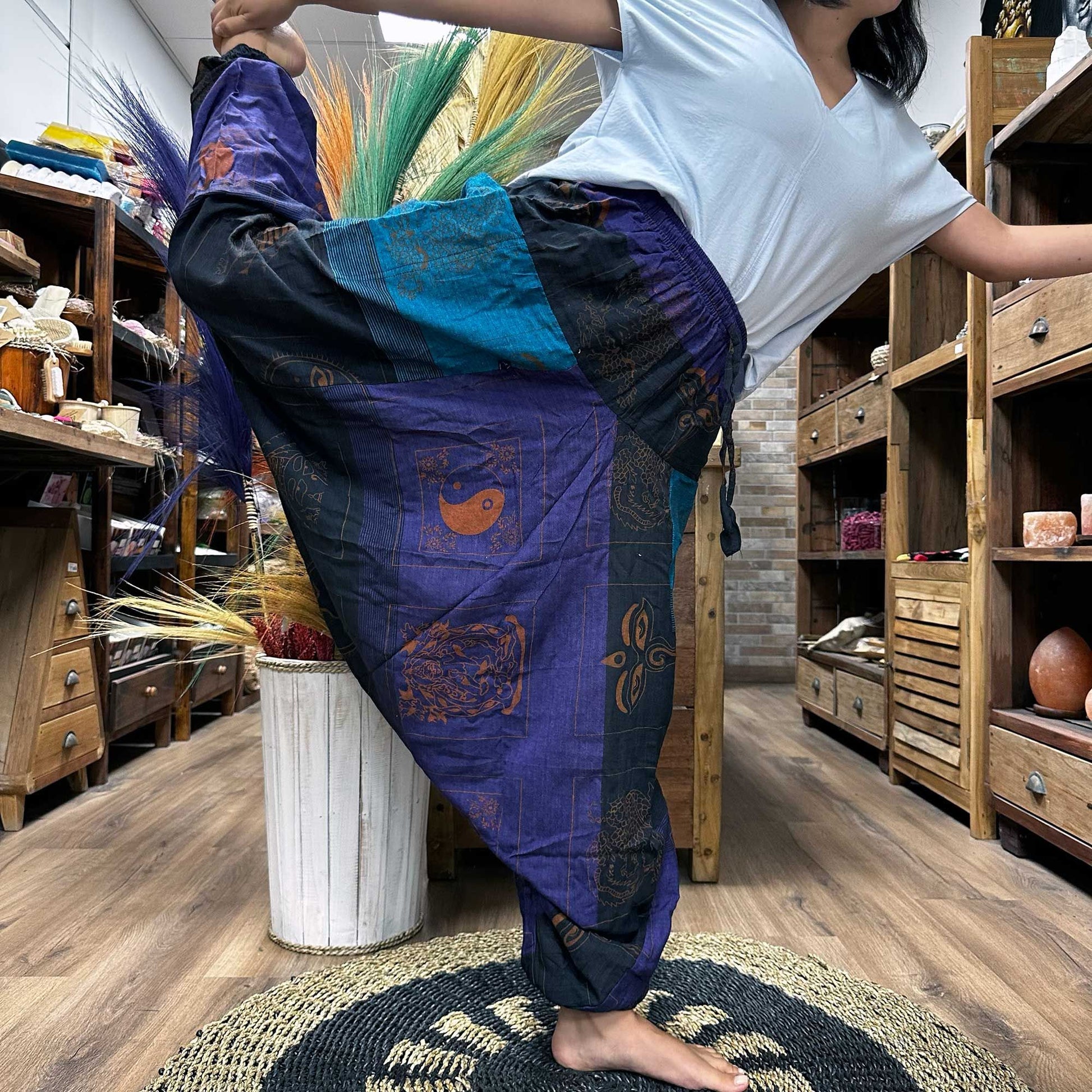 Polished Yoga and Festival Pants - Aladdin Himalayan Print on Purple featuring natural patterning and unique variations - Positive Faith Hope Love