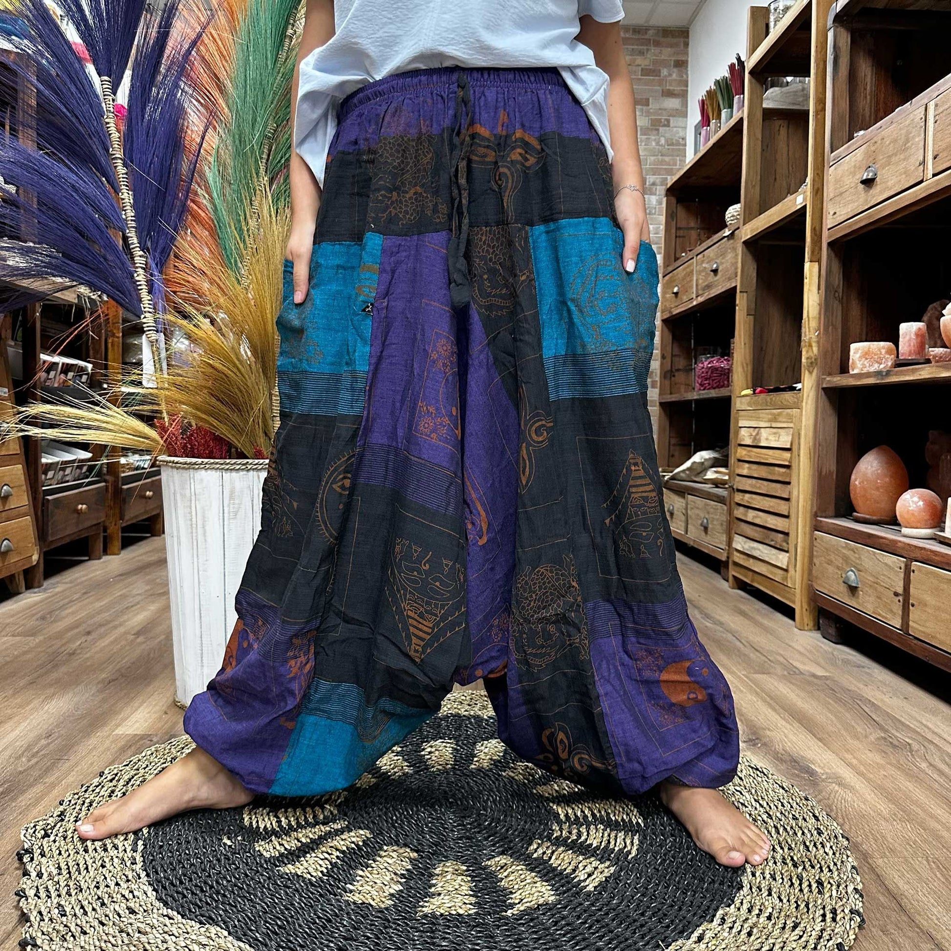 Polished Yoga And Festival Pants Aladdin Himalayan Print On Purple 1 featuring natural patterning and unique variations - Positive Faith Hope Love