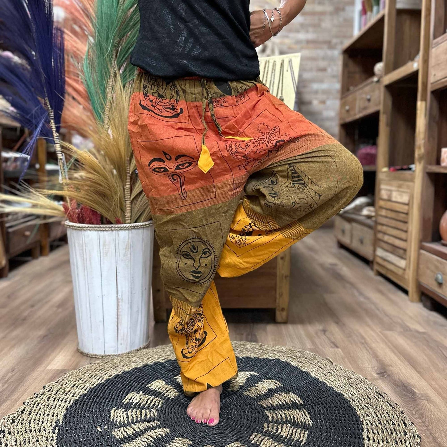 Polished Yoga and Festival Pants - High Cross Himalayan Print on Orange featuring natural patterning and unique variations - Positive Faith Hope Love
