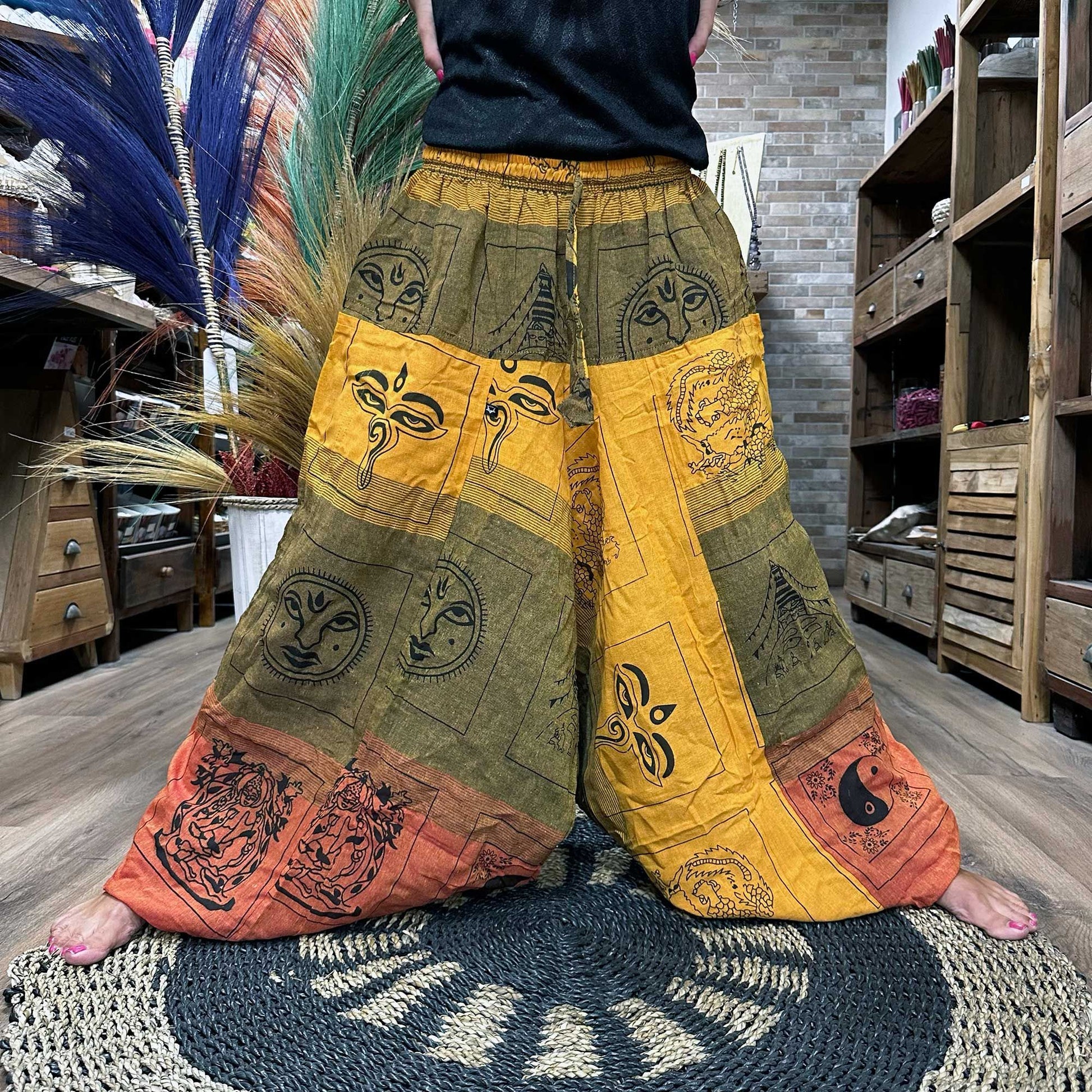 Polished Yoga And Festival Pants Aladdin Himalayan Print On Orange 1 featuring natural patterning and unique variations - Positive Faith Hope Love