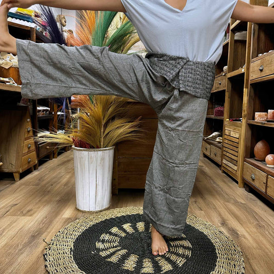 Polished Yoga and Festival Pants - Thai Fisherman Mandala Mantra on Grey featuring natural patterning and unique variations - Positive Faith Hope Love