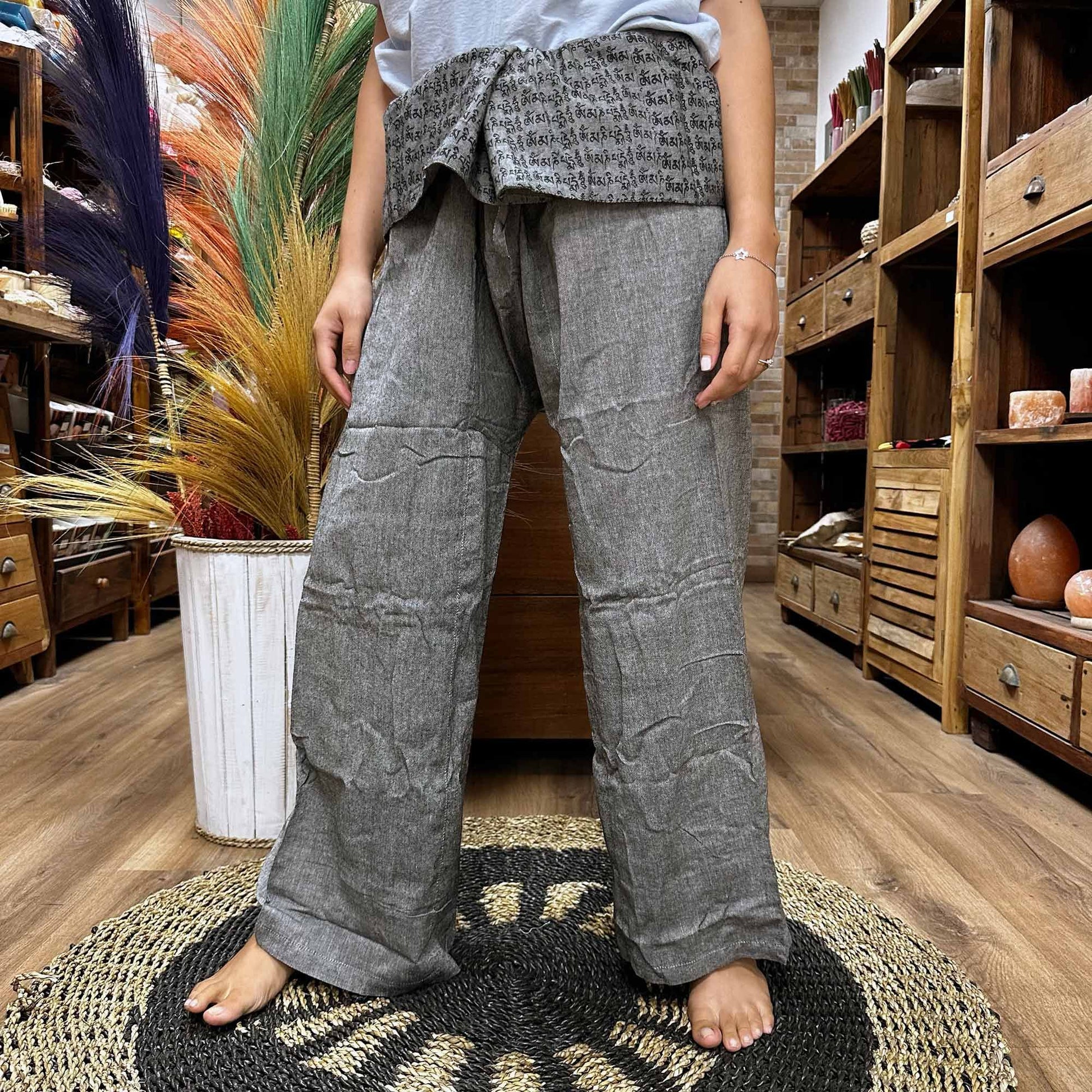 Polished Yoga And Festival Pants Thai Fisherman Mandala Mantra On Grey 1 featuring natural patterning and unique variations - Positive Faith Hope Love