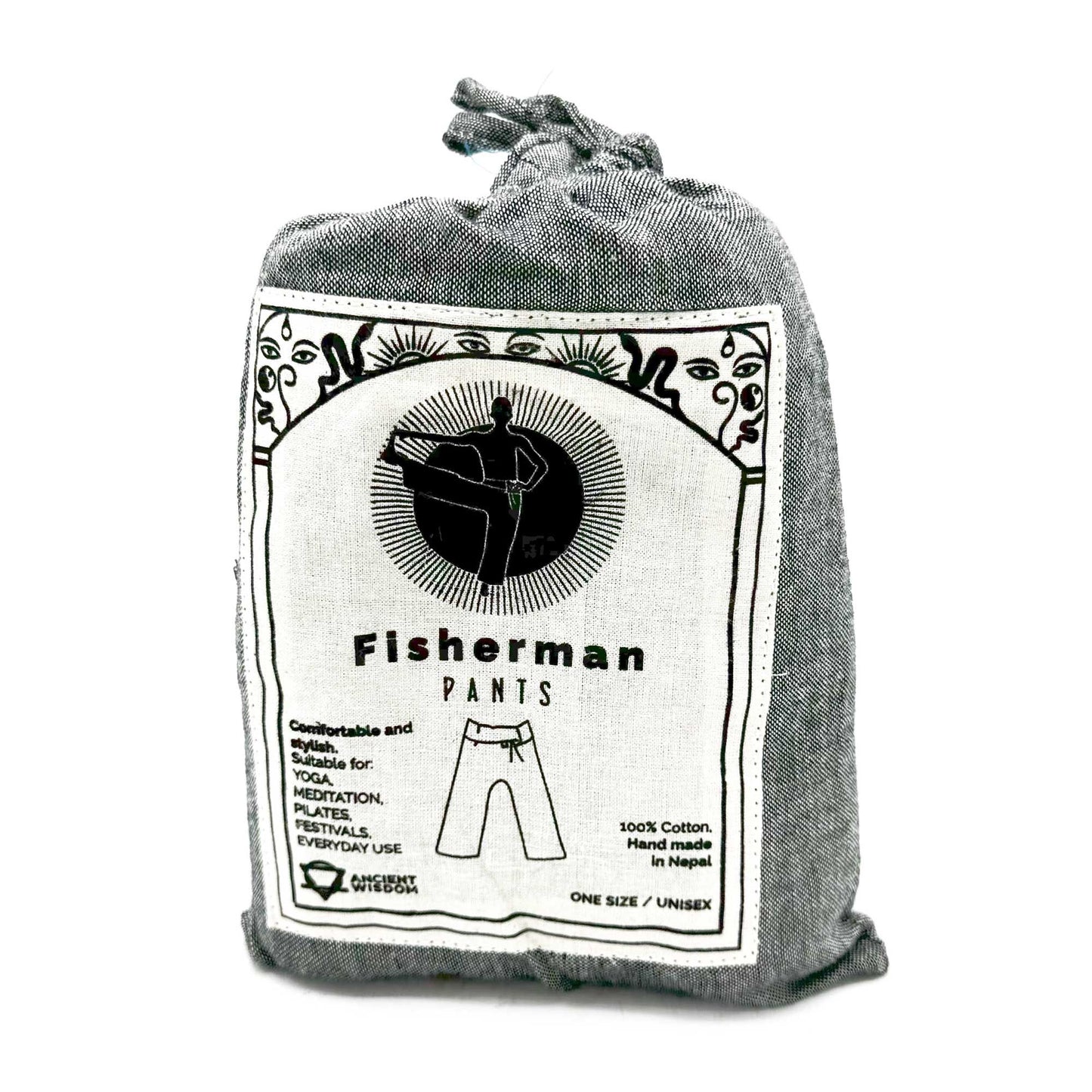 Polished Yoga And Festival Pants Thai Fisherman Mandala Mantra On Grey 1 featuring natural patterning and unique variations - Positive Faith Hope Love