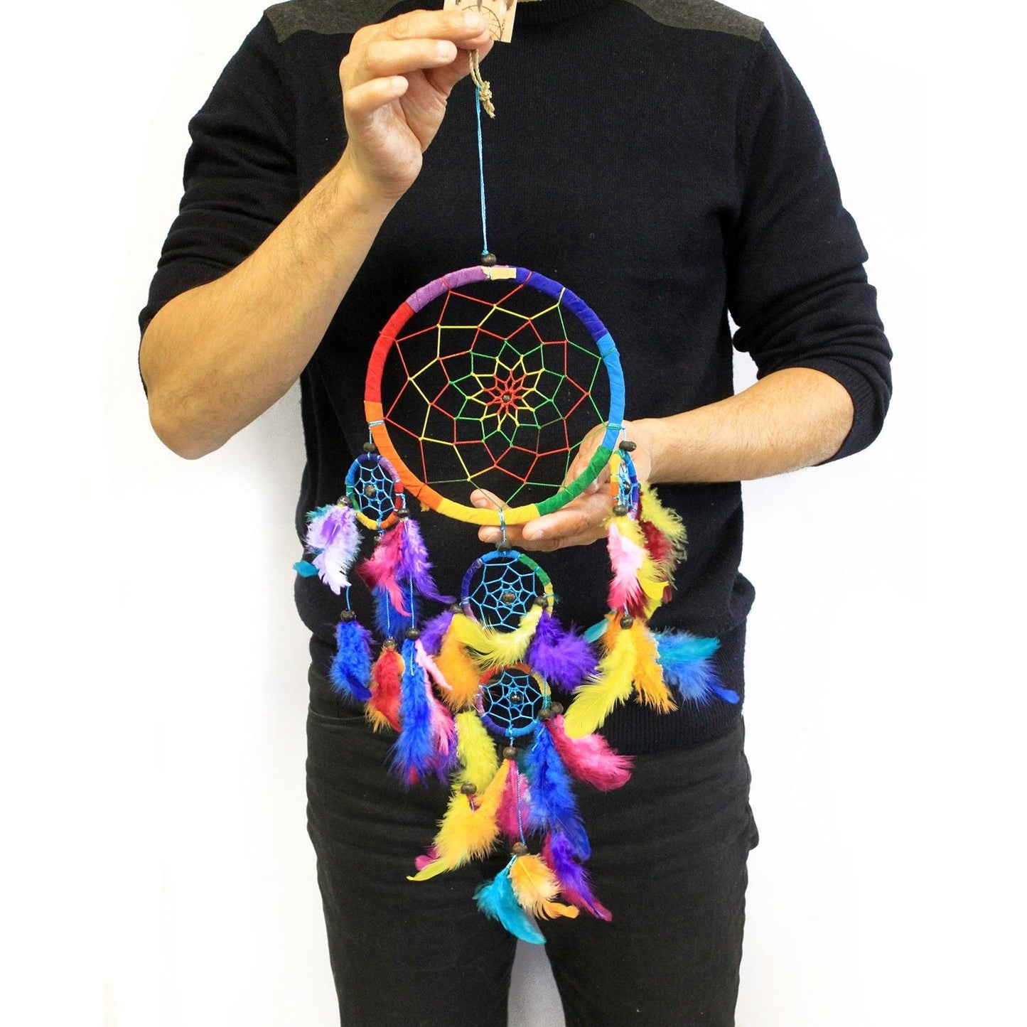 Polished Bali Dreamcatchers Large Round Rainbow featuring natural patterning and unique variations - Positive Faith Hope Love