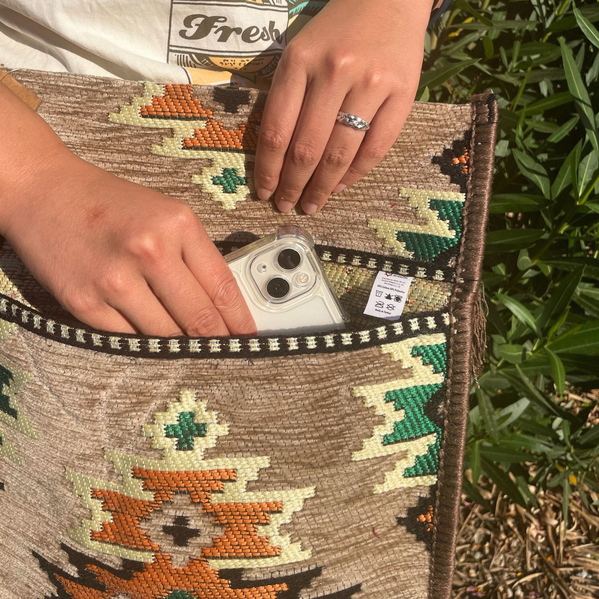 Polished Biege Kilim Messenger Festival Bag featuring natural patterning and unique variations - Positive Faith Hope Love
