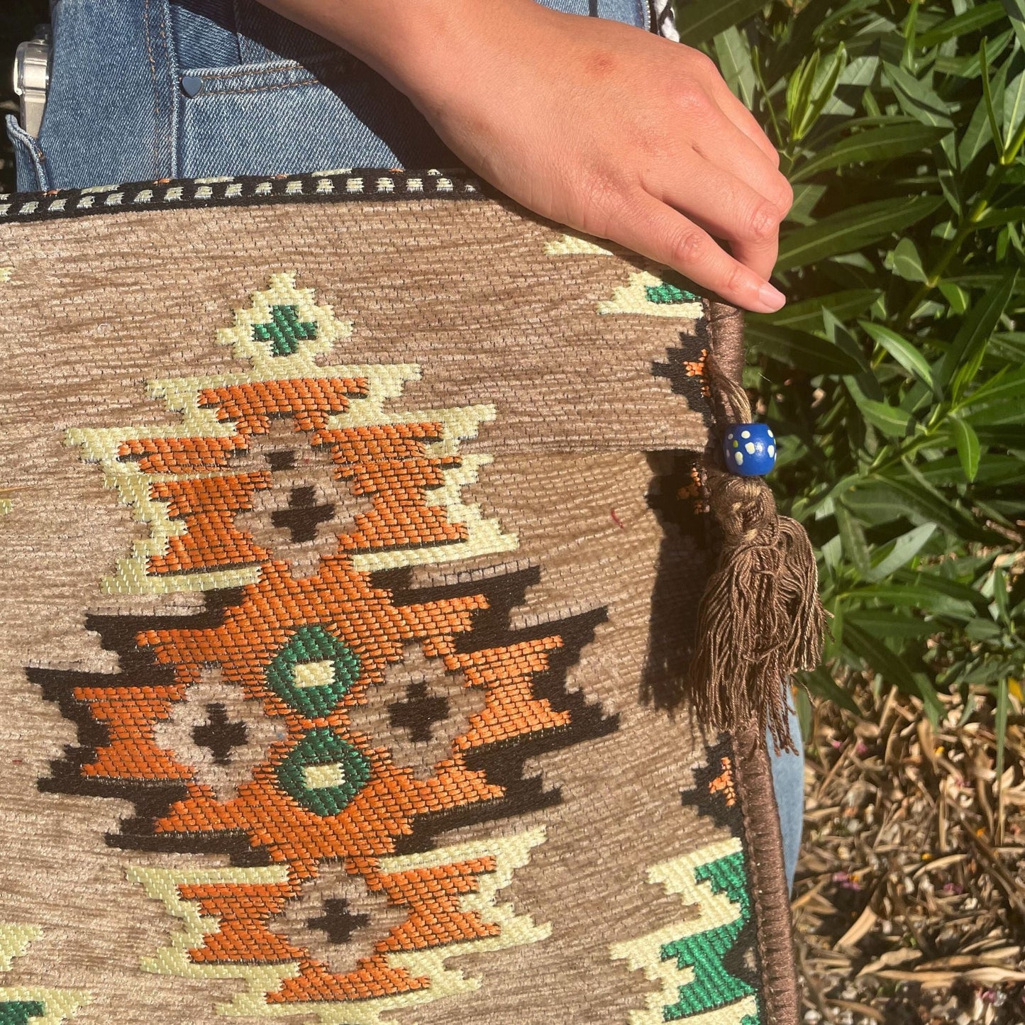 Polished Biege Kilim Messenger Festival Bag featuring natural patterning and unique variations - Positive Faith Hope Love