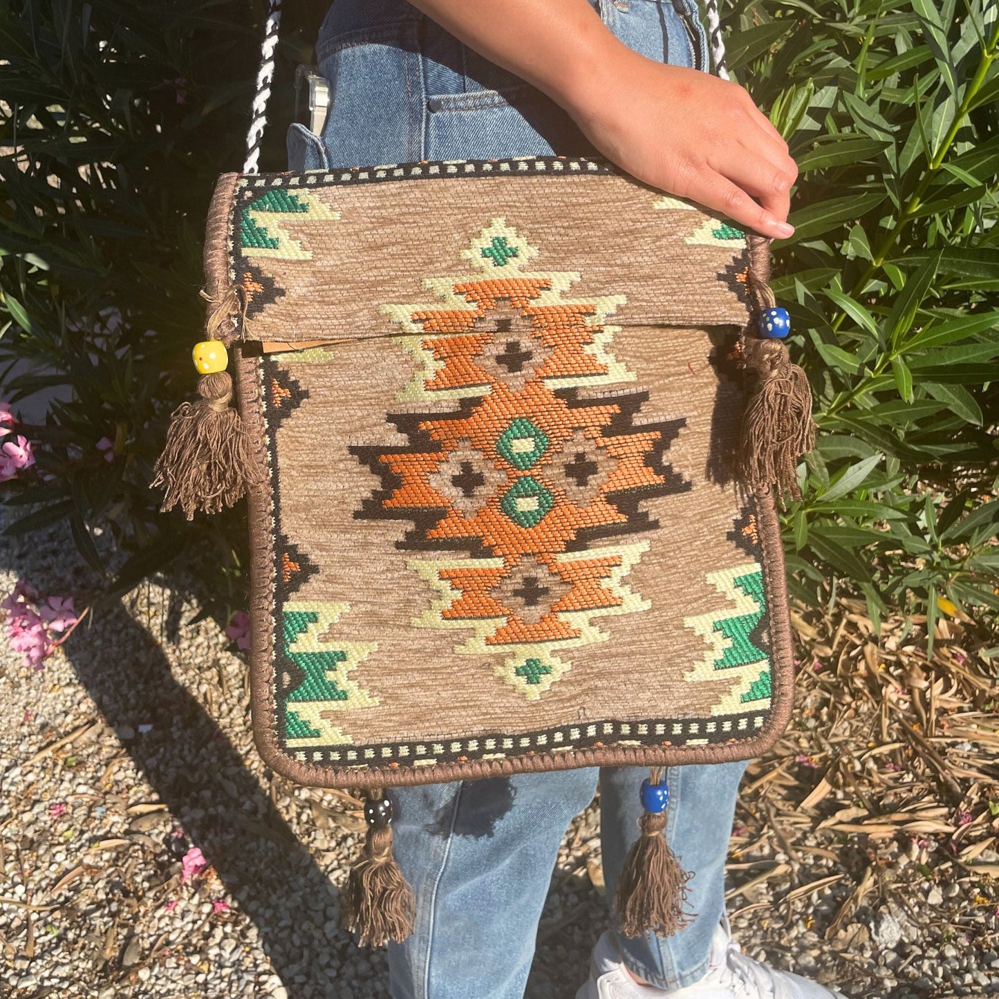Polished Biege Kilim Messenger Festival Bag featuring natural patterning and unique variations - Positive Faith Hope Love