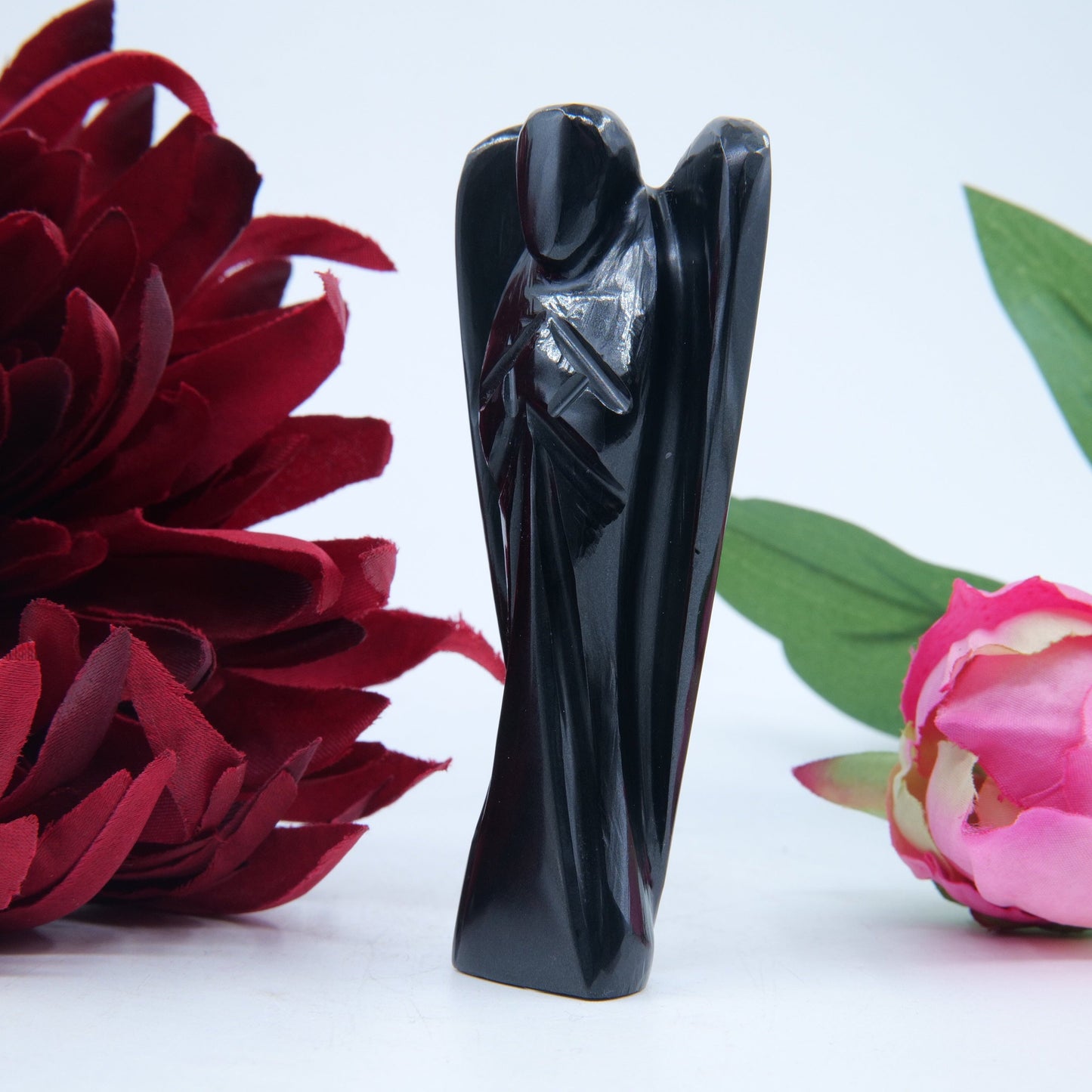 Polished Black Obsidian Angel 80Mm featuring deep jet-black tone and glassy finish - Positive Faith Hope Love