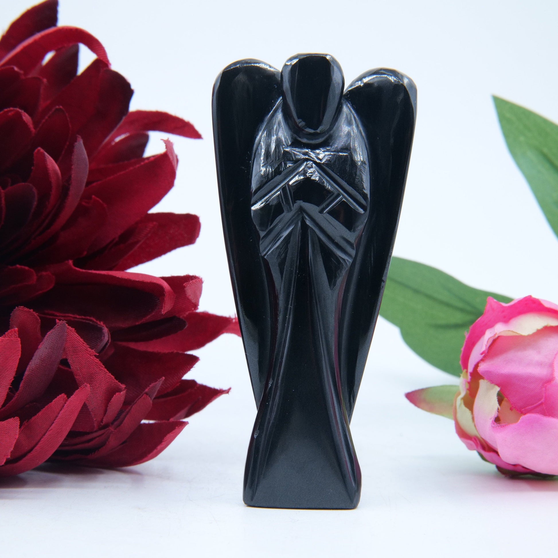 Polished Black Obsidian Angel 80Mm featuring deep jet-black tone and glassy finish - Positive Faith Hope Love