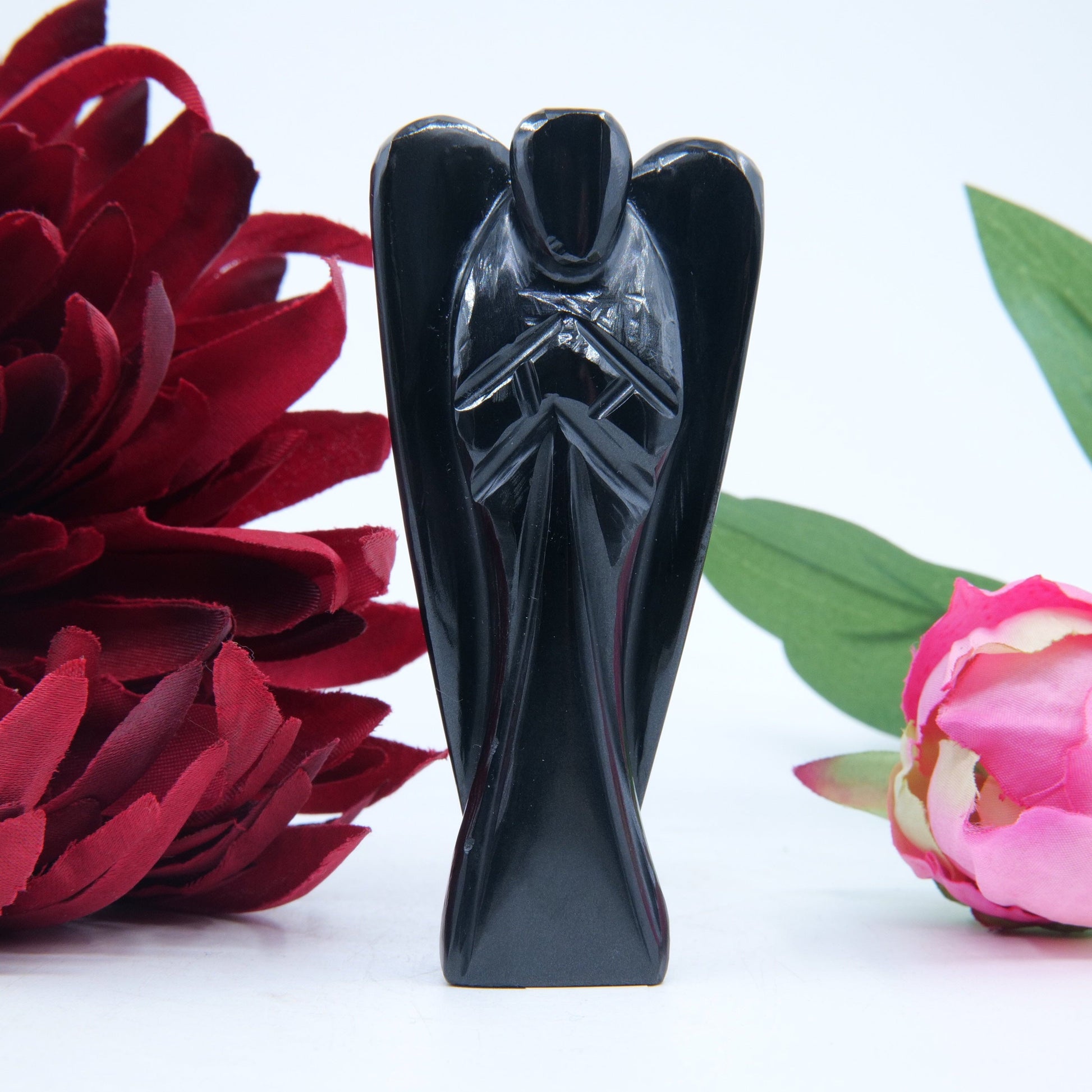 Polished Black Obsidian Angel 80mm featuring deep jet-black tone and glassy finish - Positive Faith Hope Love
