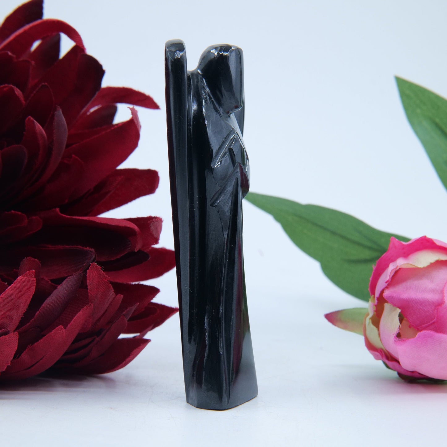 Polished Black Obsidian Angel 80Mm featuring deep jet-black tone and glassy finish - Positive Faith Hope Love