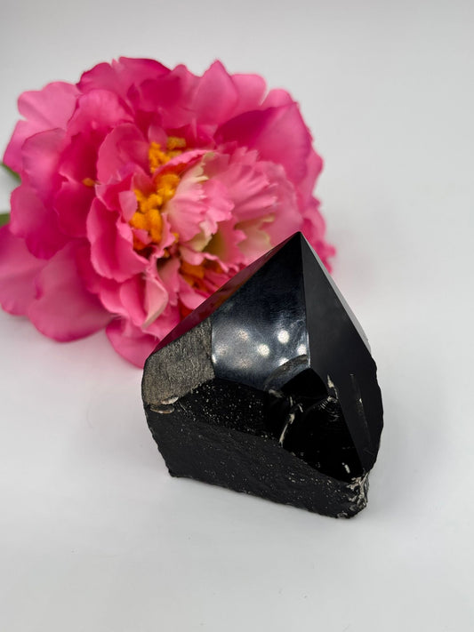 Polished Black Obsidian Natural Point 173G featuring deep jet-black tone and glassy finish - Positive Faith Hope Love