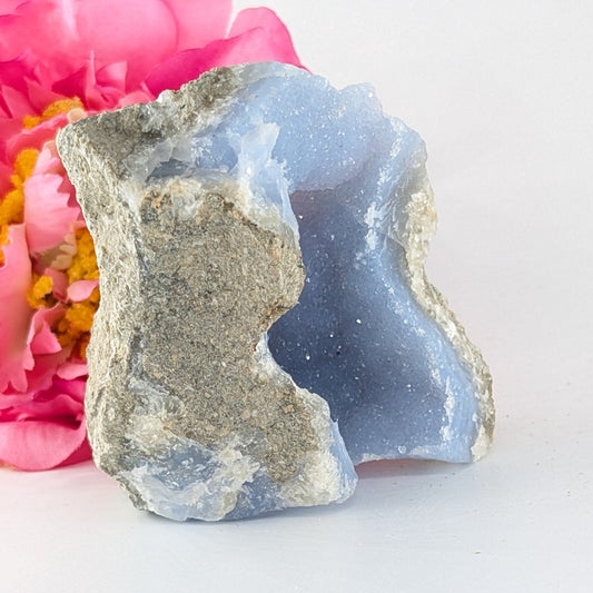 Natural Blue Lace Agate Geode Specimen 248G featuring pale blue banding and soft translucence - Positive Faith Hope Love