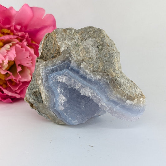 Natural Blue Lace Agate Geode Specimen 330G featuring pale blue banding and soft translucence - Positive Faith Hope Love
