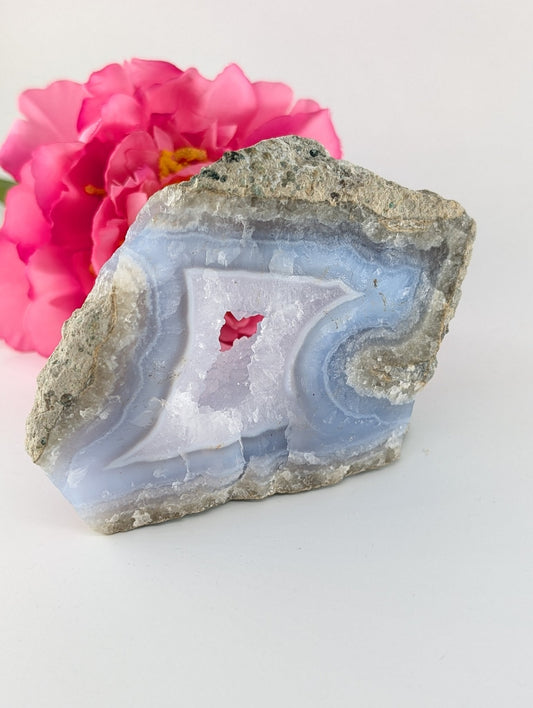 Natural Blue Lace Agate Geode Specimen 429G featuring pale blue banding and soft translucence - Positive Faith Hope Love