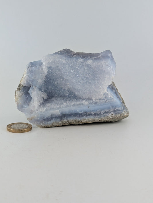 Natural Blue Lace Agate Geode Specimen 439G featuring pale blue banding and soft translucence - Positive Faith Hope Love