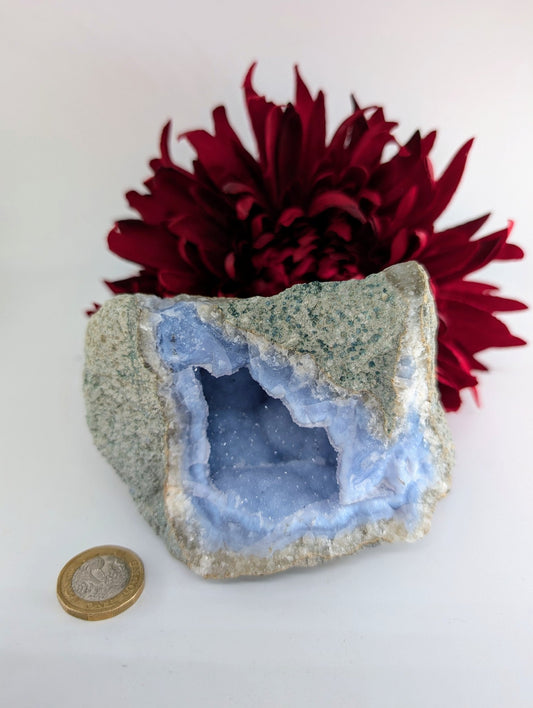 Natural Blue Lace Agate Geode Specimen 487G featuring pale blue banding and soft translucence - Positive Faith Hope Love