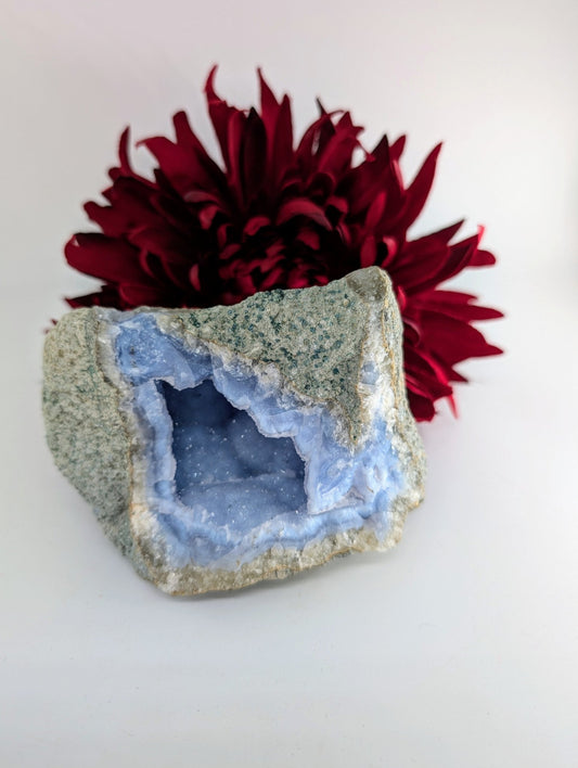 Blue Lace Agate Geode Specimen 487g - Positive Faith Hope Love