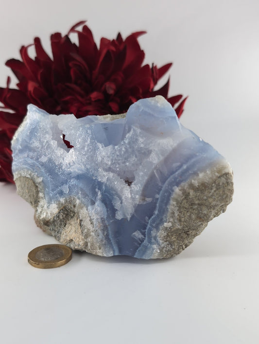 Natural Blue Lace Agate Geode Specimen 529G featuring pale blue banding and soft translucence - Positive Faith Hope Love