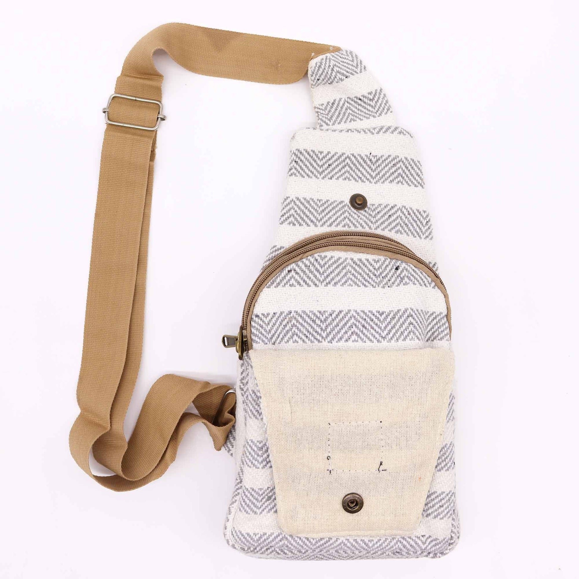 Polished Body Cross Bag Natural Cotton Grey White featuring natural patterning and unique variations - Positive Faith Hope Love