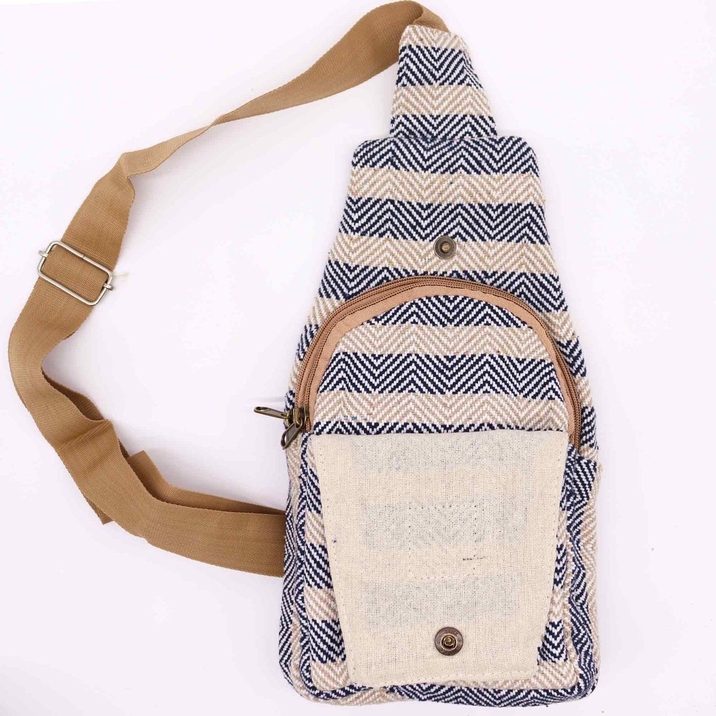 Polished Body Cross Bag Natural Cotton Tan Navy featuring natural patterning and unique variations - Positive Faith Hope Love