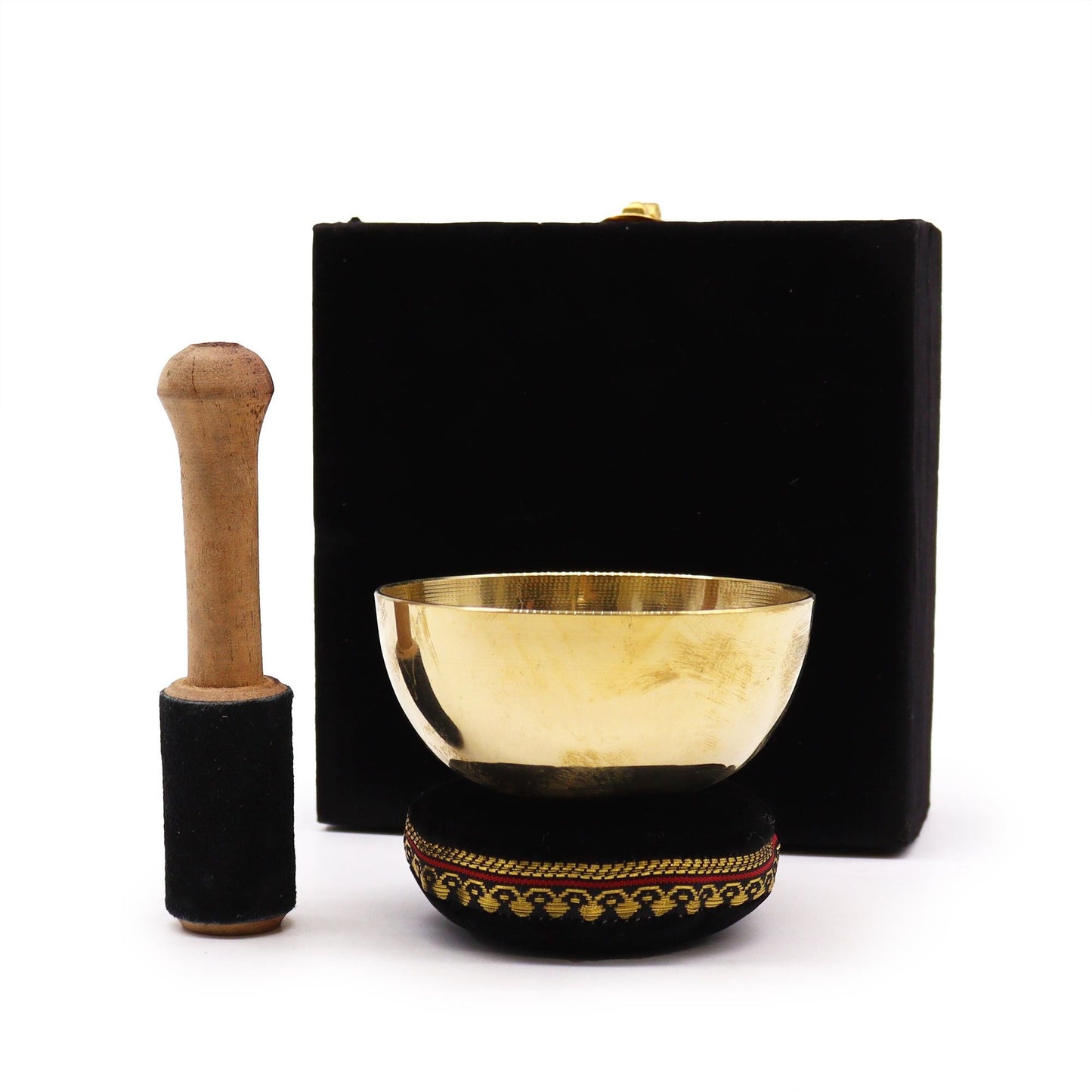 Polished Brass Singing Bowl Gift Set 9Cm featuring natural patterning and unique variations - Positive Faith Hope Love