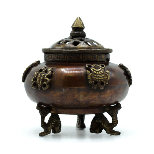 Polished Brass Tibetan Incense Burner - Six Symbols Standing Pot featuring natural patterning and unique variations - Positive Faith Hope Love