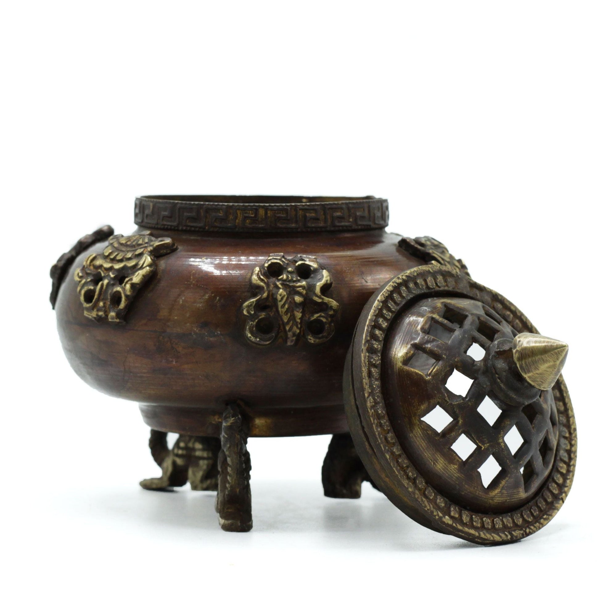 Polished Brass Tibetan Incense Burner Six Symbols Standing Pot 1 featuring natural patterning and unique variations - Positive Faith Hope Love