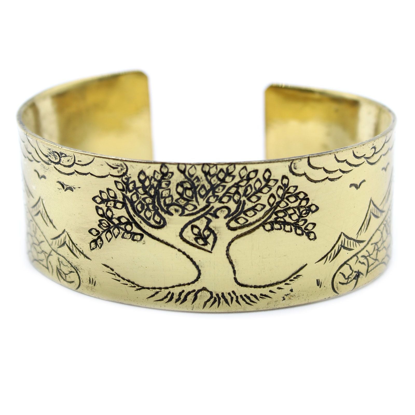 Polished Brass Tibetan Mantra Bracelet Tree Of Life featuring natural patterning and unique variations - Positive Faith Hope Love
