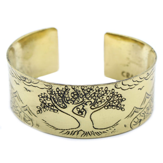 Polished Brass Tibetan Mantra Bracelet - Tree of Life featuring natural patterning and unique variations - Positive Faith Hope Love
