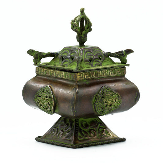 Polished Brass Verdigris Tibetan Burner - Four Symbols Square Standing Pot featuring natural patterning and unique variations - Positive Faith Hope Love