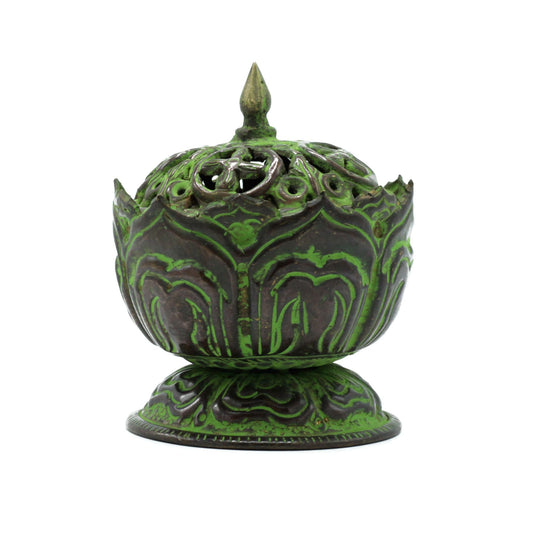 Polished Brass Verdigris Tibetan Incense Burner - Small Lotus featuring natural patterning and unique variations - Positive Faith Hope Love