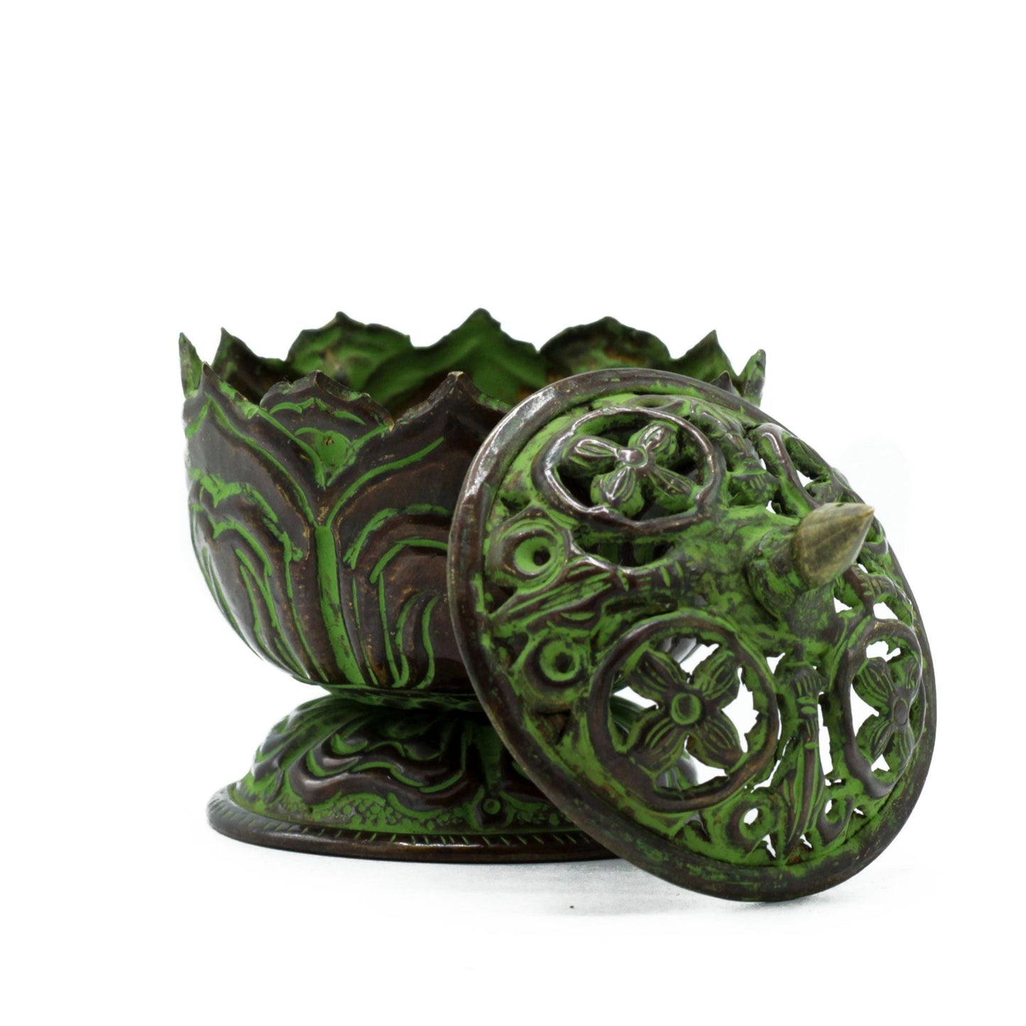 Polished Brass Verdigris Tibetan Incense Burner Small Lotus featuring natural patterning and unique variations - Positive Faith Hope Love