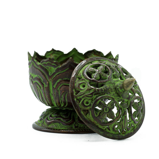 Polished Brass Verdigris Tibetan Incense Burner Small Lotus featuring natural patterning and unique variations - Positive Faith Hope Love