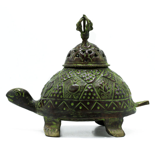Polished Brass Verdigris Tibetan Turtle Incense Holder - Lrg featuring natural patterning and unique variations - Positive Faith Hope Love
