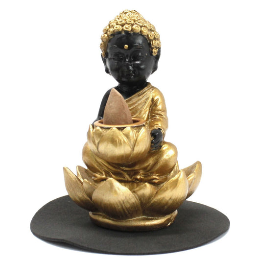 Polished Buddha and Lotus Backflow Incense Burner featuring natural patterning and unique variations - Positive Faith Hope Love