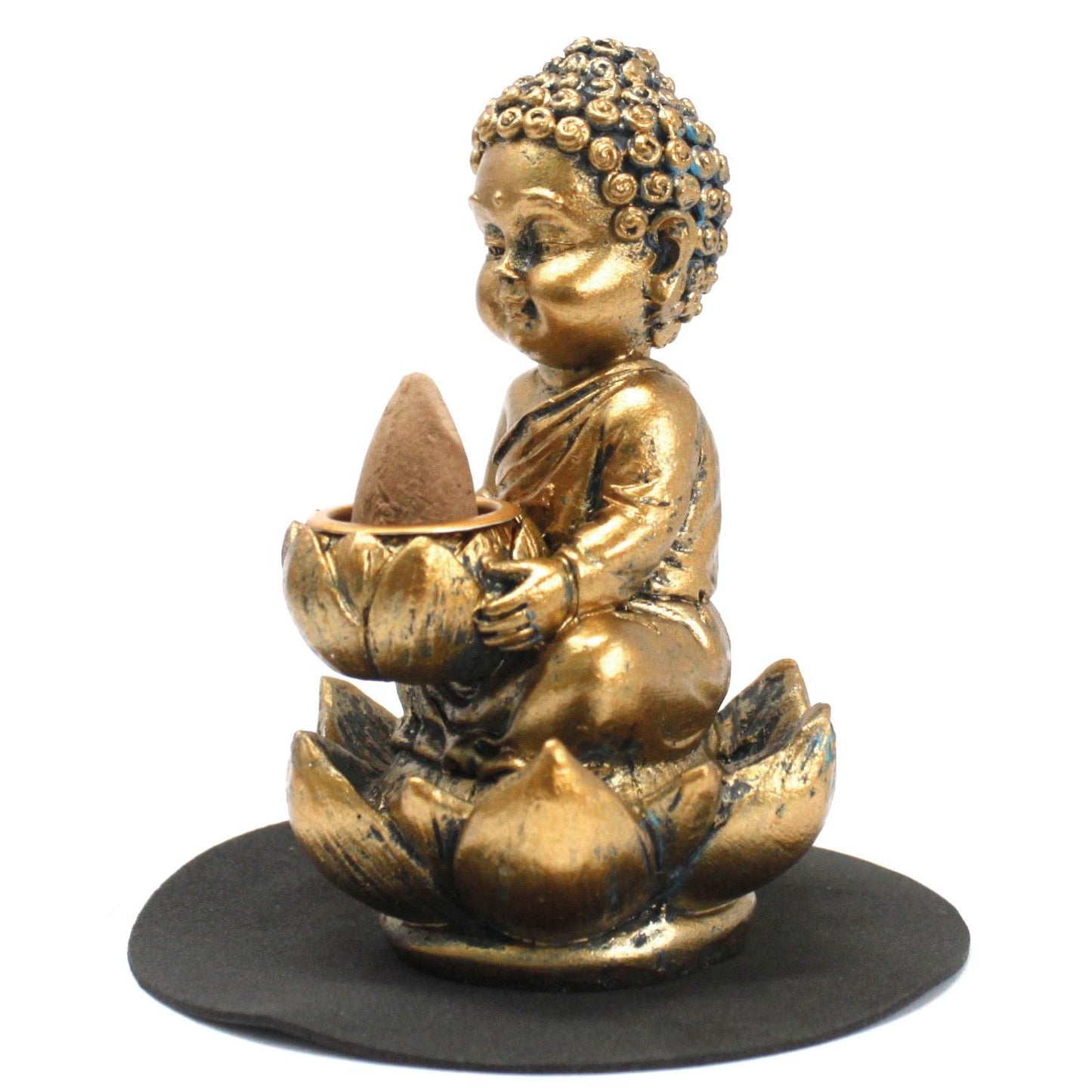 Polished Buddha And Lotus Backflow Incense Burner featuring natural patterning and unique variations - Positive Faith Hope Love