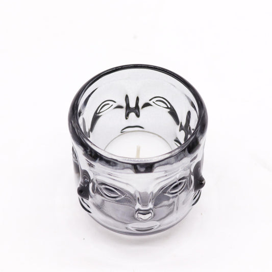 Polished Buddha Faces Candle Jar Midnight Grey featuring natural patterning and unique variations - Positive Faith Hope Love