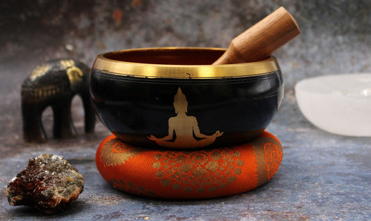Buddha Singing Bowl Set - Black/Orange 14cm - Positive Faith Hope Love