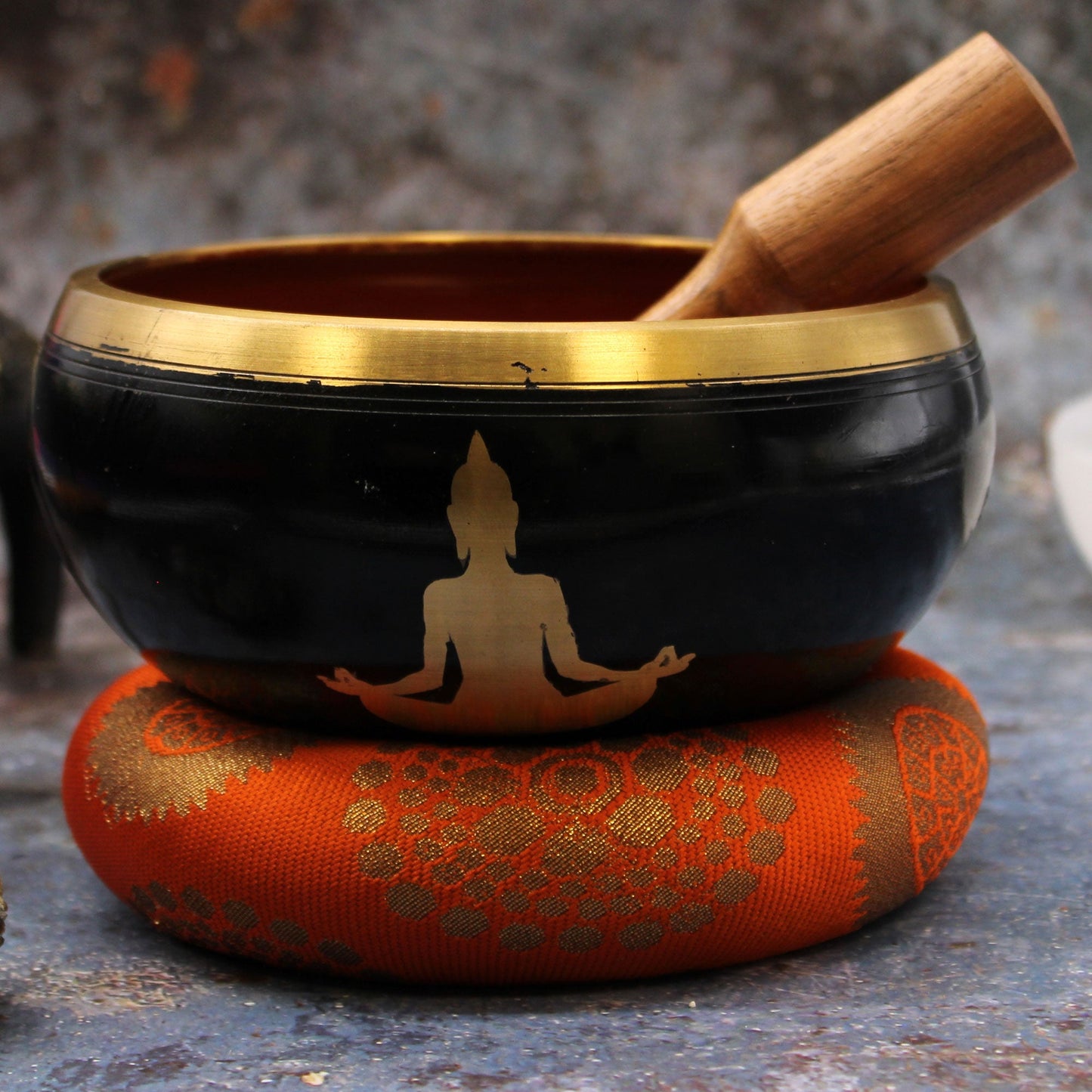 Buddha Singing Bowl Set - Black/Orange 14cm - Positive Faith Hope Love