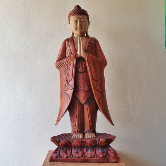 Polished Buddha Statue Standing 1M Welcome 2 featuring natural patterning and unique variations - Positive Faith Hope Love