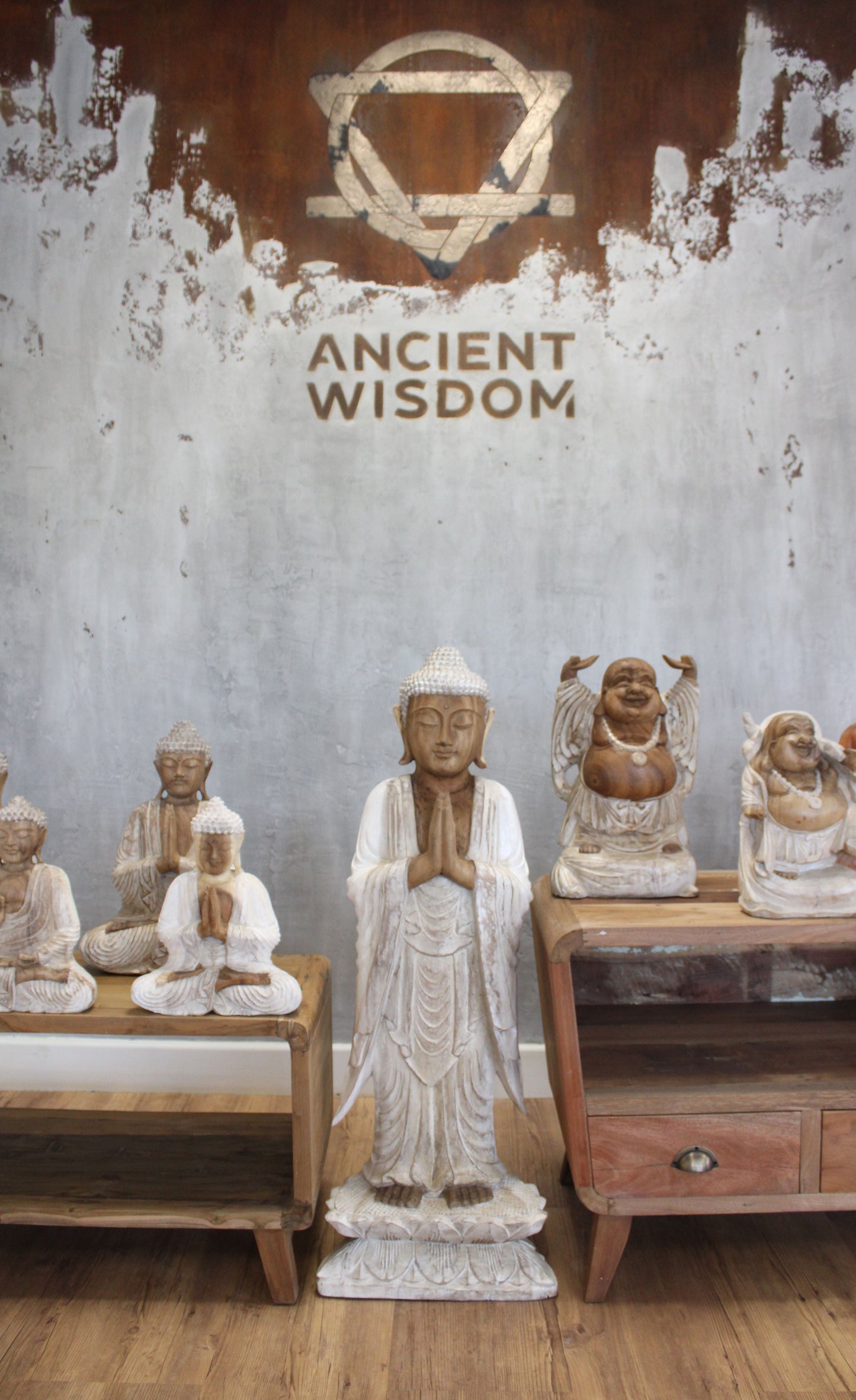 Polished Buddha Statue Standing Whitewash 1M Welcome 1 featuring natural patterning and unique variations - Positive Faith Hope Love