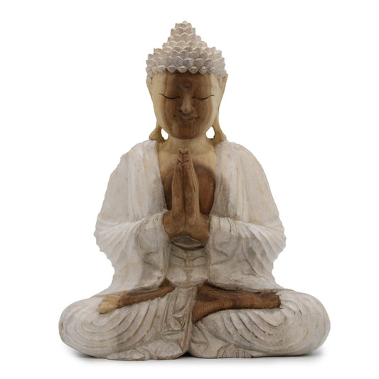 Polished Buddha Statue Whitewash - 30cm Welcome featuring natural patterning and unique variations - Positive Faith Hope Love