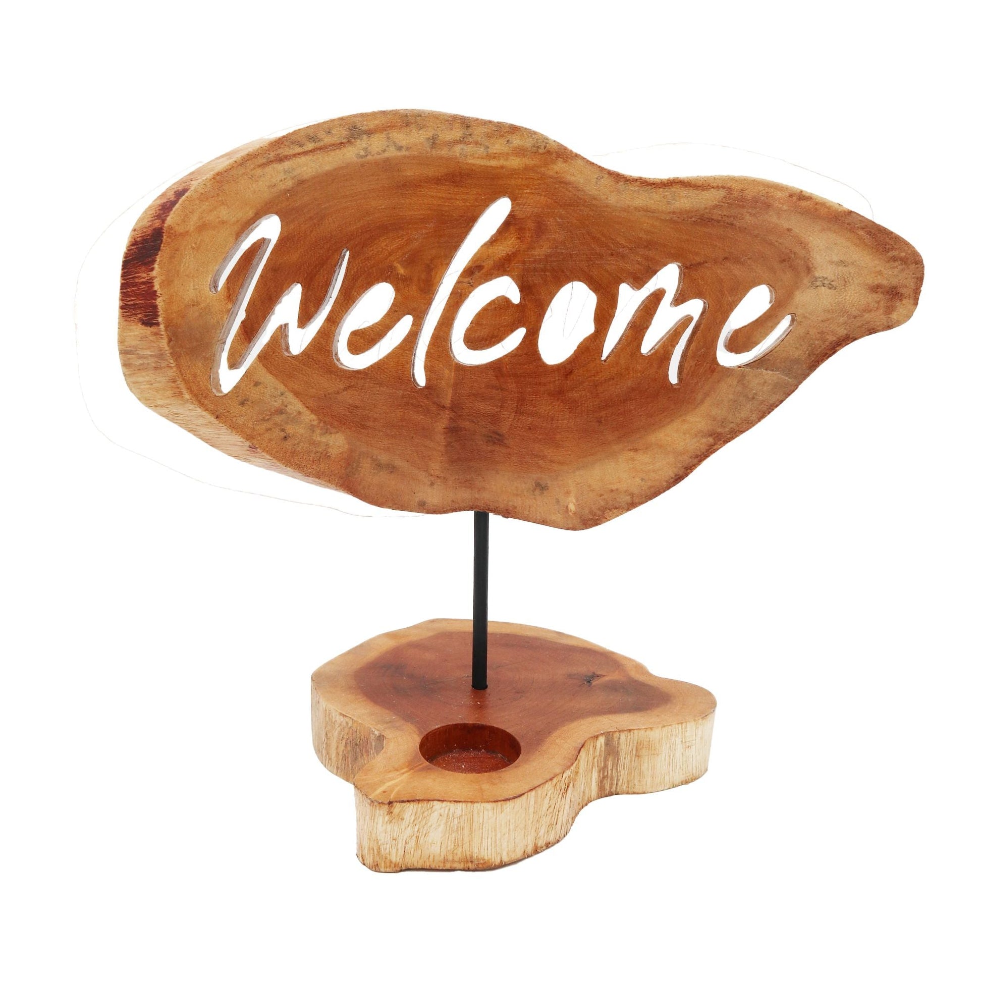 Polished Candle Holder Sign - Welcome featuring natural patterning and unique variations - Positive Faith Hope Love