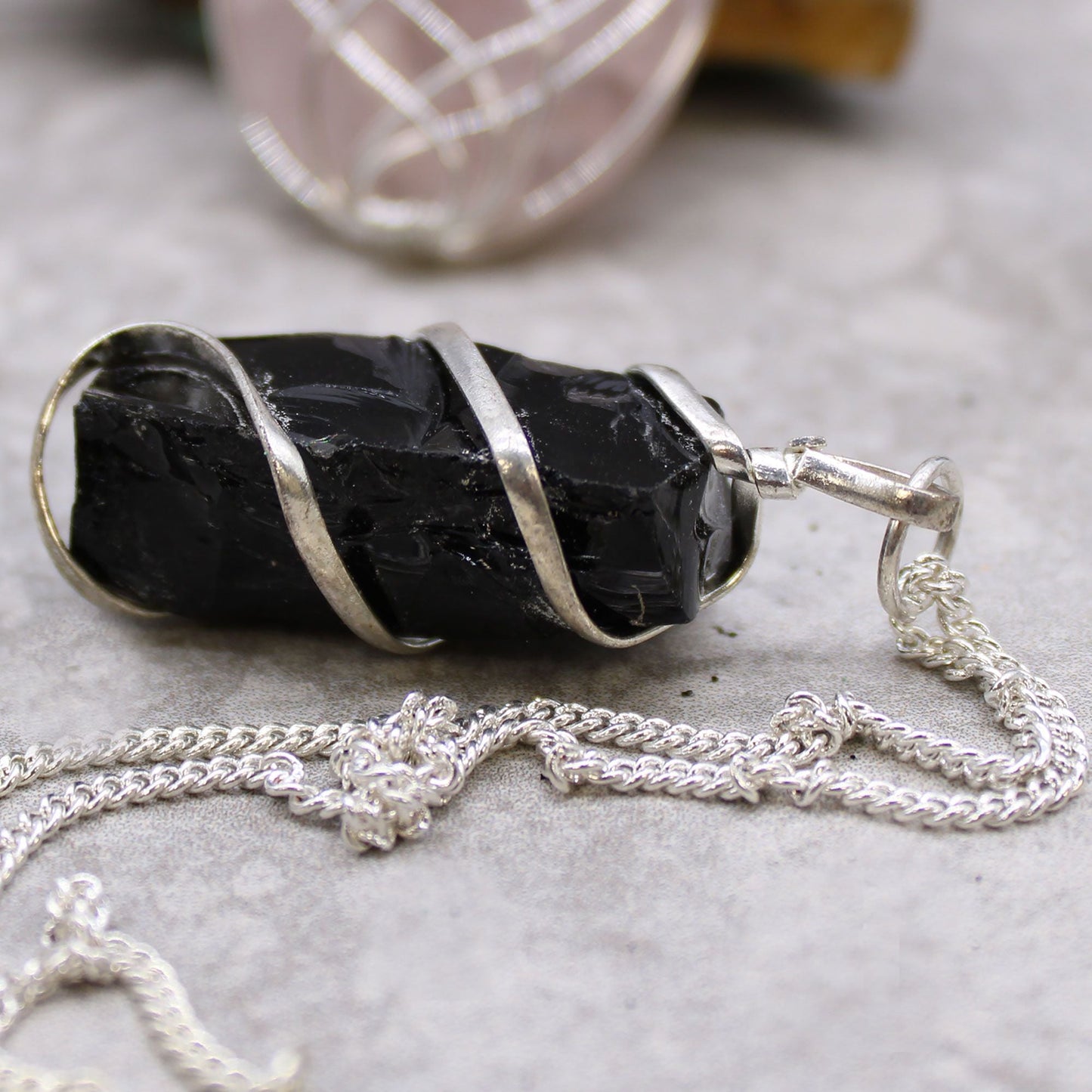 Natural Cascade Wrapped Gemstone Necklace Rough Black Onyx featuring natural patterning and unique variations - Positive Faith Hope Love