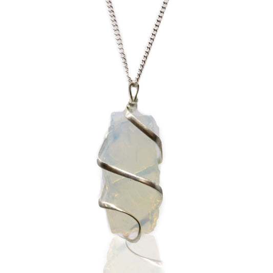 Natural Cascade Wrapped Gemstone Necklace - Rough Opalite featuring milky opalescent glow and smooth finish - Positive Faith Hope Love