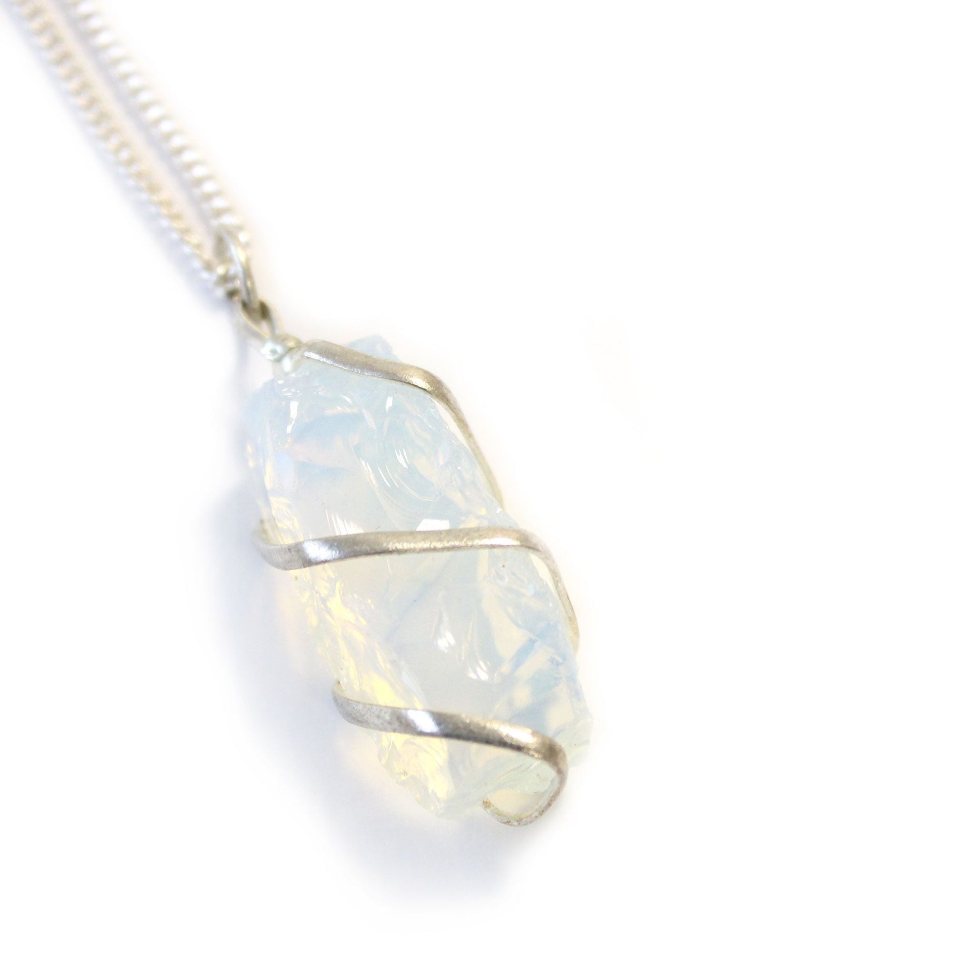 Natural Cascade Wrapped Gemstone Necklace Rough Opalite featuring milky opalescent glow and smooth finish - Positive Faith Hope Love